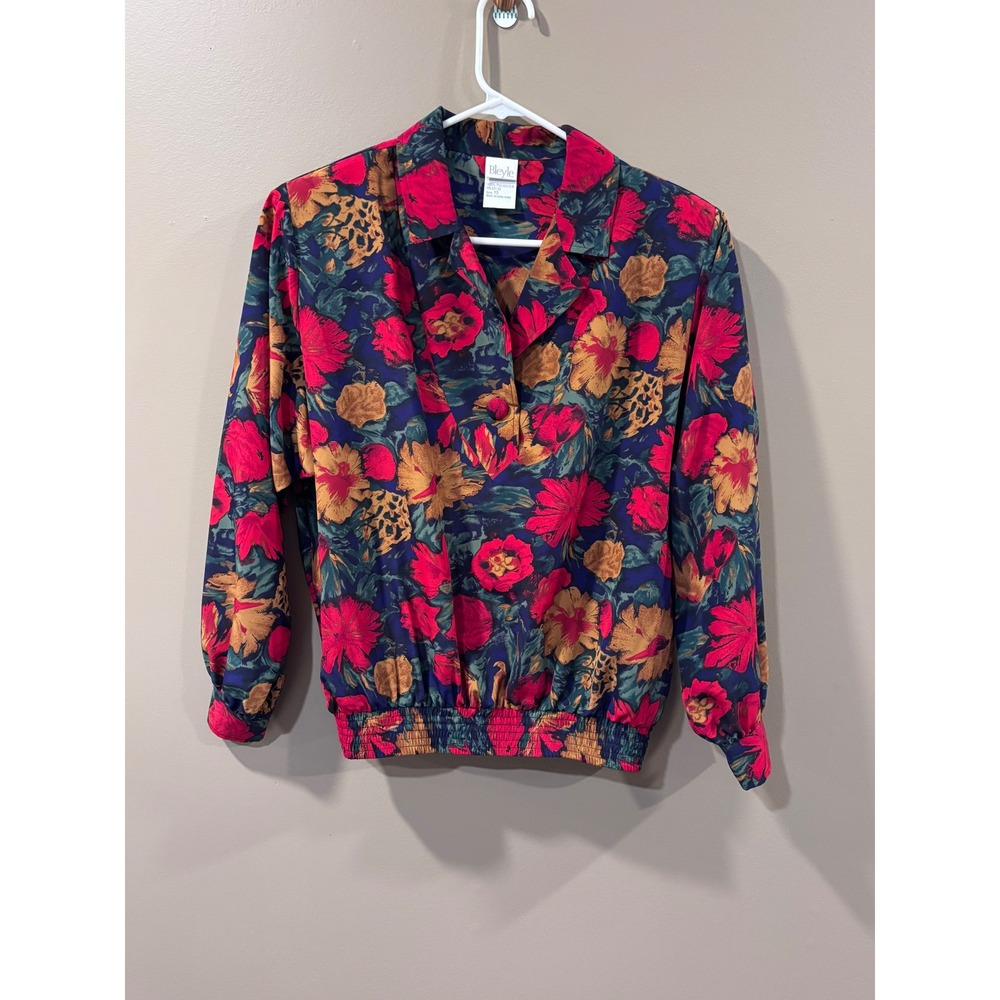 Bleyle Vintage Floral Print Blouse Red Gold Navy Elastic Waist Size 10